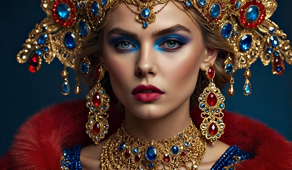 ilustratie generata AI, portret de femeie cu machiaj albastru pe pleoape, cu guler de blana rosu si cu bijuterii opulente aurii, cu pietre rosii si albastre