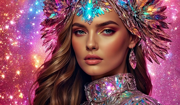 ilustratie generata AI, femeie inconjurata de sclipici, purtand pe cap un ornament opulent format din frunze stralucitoare, cercei roz stralucitori si o tinuta stralucitoare cu nuante de roz, albastru si argintiu