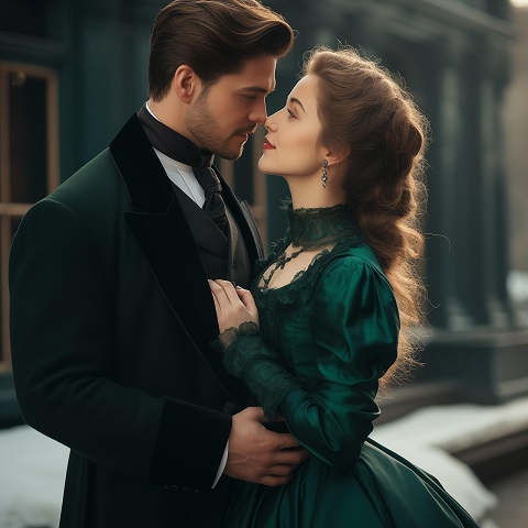 ilustratie generata AI, moment romantic, cuplu de epoca, partenera purtand o rochie verde inchis de satin si partener purtand sacou verde inchis cu margine de catifea neagra și cravata neagra
