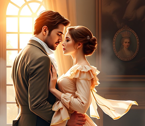 ilustratie generata AI, cuplu tanar, de epoca, intr-o ipostaza romantica intr-o incapere cu un tablou, partenera cu parul strans si rochie galbuie si partener imbracat in sacou maro deschis si camasa alba