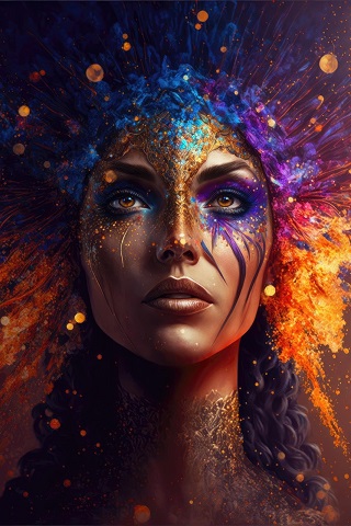 ilustratie generata AI, portret de femeie care poarta pe cap un ornament multicolor stralucitor, care are sclipici auriu pe față și machiaj cu nuanțe de violet