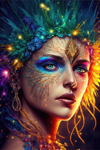 ilustratie generata AI, portret de femeie care poarta pe cap un ornament multicolor, stralucitor, care are sclipici auriu pe față, machiaj cu albastru electric pe pleoape si cercei aurii stralucitori