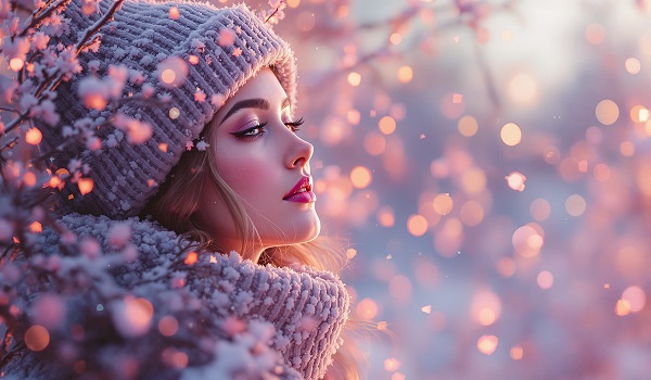 ilustratie generata AI, femeie tanara cu caciula roz relaxandu-se si bucurandu-se de atmosfera de iarna cu ninsoare intr-un cadru de natura cu luminite