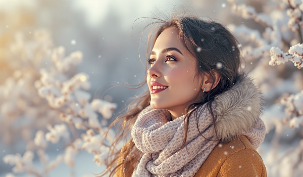 ilustratie generata AI, femeie tanara, zambitoare, imbracata cu jacheta mustar, purtand fular crem cu alb si bucurandu-se de ninsoare in natura intr-o zi de iarna