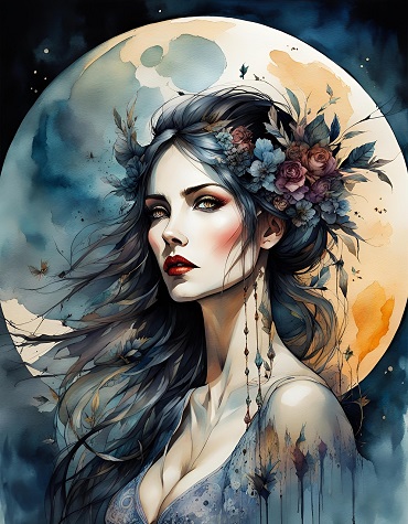 ilustratie generata AI tip pictura, femeie imbracata in rochie albastra, care poarta flori colorate in par si care are in spate luna plina