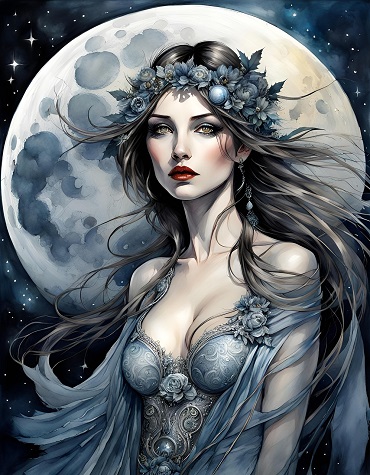 ilustratie generata AI tip pictura femeie cu parul lung, cu flori albastre in par, imbracata in rochie albastra, care are in spatele ei o luna plina