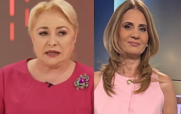 fostul premier Viorica Dăncilă imbracata in costum ciclam si purtand o brosa cu piatra roz in timp ce se uita spre camera la un interviu, jurnalista Anca Alexandrescu imbracata intr-un costum roz pal in platourile televiziunii la care lucreaza