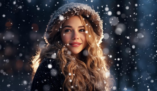 ilustratie generata AI, femeie tanara cu parul lung, zambitoare, intr-un cadru de iarna cu ninsoare, purtand pe cap o caciula bej si fiind imbracata cu o haina inchisa la culoare