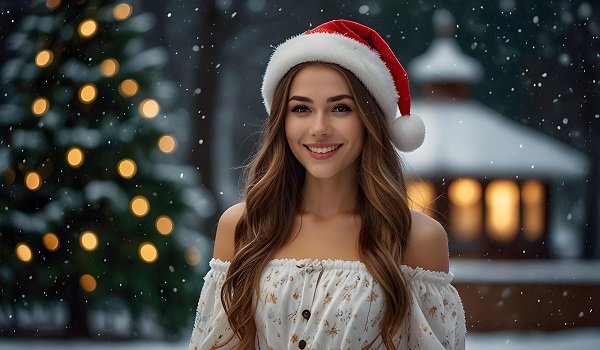 ilustratie generata AI, femeie tanara vesela intr-un cadru de iarna cu ninsoare, purtand pe cap o caciulita de Mos Craciun si o bluza sau o rochie alba, cu imprimeu auriu si cu umerii dezgoliti