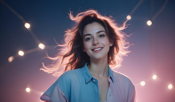 ilustratie generata AI, femeie tanara, frumoasa, zambitoare, imbracata in bluza sau rochie bleu cu roz si inconjurata de luminite