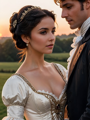 ilustratie generata AI, cuplu regal in aer liber, partenera bruneta cu parul strans, cu diadema aurie, imbracata cu rochie crema satinata, decoltata,cu detalii aurii, ferindu-și privirea de cea a partenerului ei, imbracat cu camasa alba cu volane si cu haina inchisa la culoare