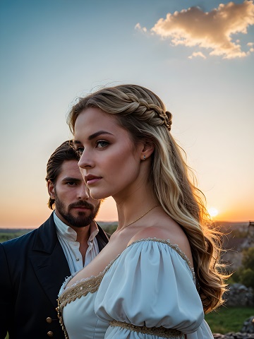 ilustratie generata AI, cuplu regal in aer liber, partenera blonda imbracata cu rochie crem cu detali de broderie maronii, cu umerii pe jumatate dezgoliti, si partener purtand camasa alba si haina neagra cu nasturi aurii