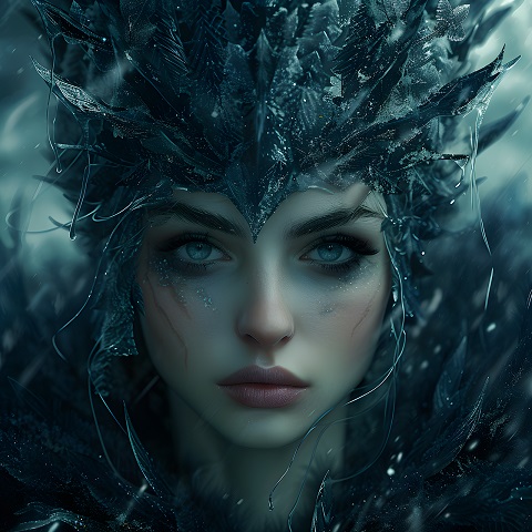 ilustratie generata AI, portret femeie personaj fantastic, cu ochi albastri patrunzatori si purtand pe cap un ornament negru din pene negre sau din țurțuri stilizati