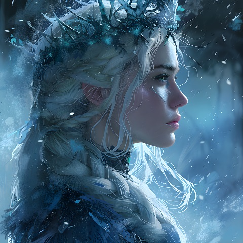 ilustratie generata AI, portret din profil regina ghetii blonda, purtand pe cap o coroana de țurțuri