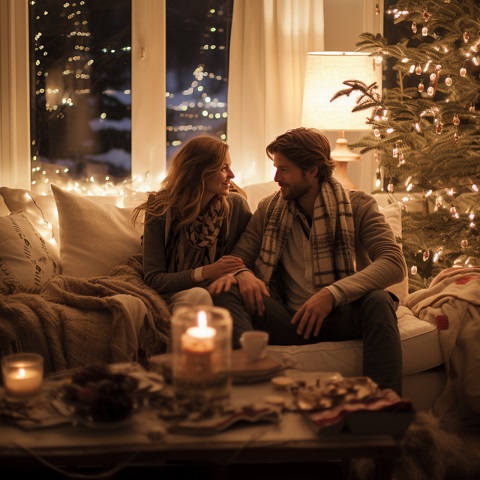 ilustratie generata AI, parteneri de cuplu uitandu-se unul la altul in timp ce stau seara pe o canapea bej de langa un brad de Craciun cu luminite si avand in fata lor o masuta decorata de sarbatoare