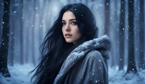 ilustratie generata AI, femeie tanara cu parul lung, negru, imbracata cu palton gri, stand trista intr-un cadru cu ninsoare in padure