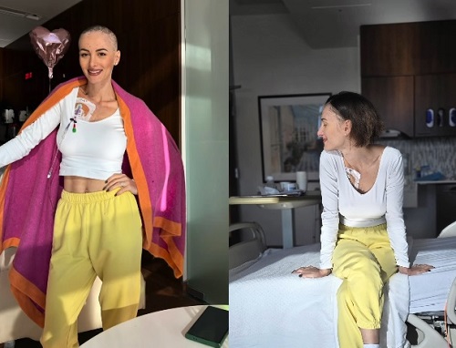 Beatrice Andrei, fosta membra a trupei Like Chocolate, purtand bluza alba cu maneca lunga si pantaloni de trening galbeni in timp ce se afla in spital pentru a se trata de leucemie