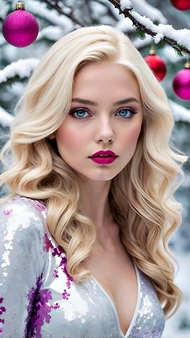 ilustratie generata AI, femeie tanara blonda cu ochi albastri, ruj ciclam,imbracata in rochie alba stralucitoare decoltata la gat, cu paiete violet in partea de sus, avand deasupra ei o ramura plina de zapada in care sunt prinse globuri colorate
