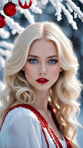 ilustratie generata AI, femeie tanara blonda, cu ochi albastri, ruj rosu, imbracata cu rochie stralucitoare alba cu ornamente rosii in parte de sus si avand deasupra ei o ramura plin de zapada in care sunt globuri rosii