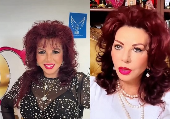 colaj foto Carmen Harra zâmbitoare, purtand o rochie neagra cu paiete argintii si Carmen Harra serioasă, imbracata in alb si cu sirag de perle la gat in timpul unui interviu