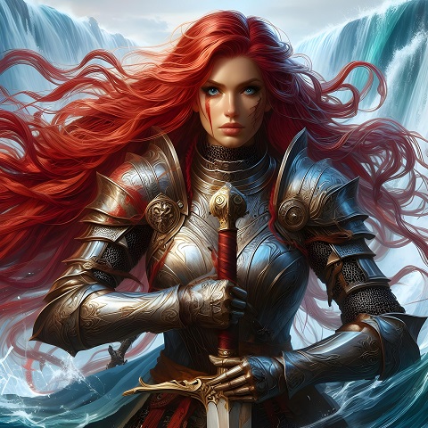 ilustratie generata AI, femeie-razboinic cu parul lung, roșcat, avand pe fata pictate fulgere rosii,imbracata in armura, tinand in mana o sabie cu maner roșu, si fiind inconjurata de cascade