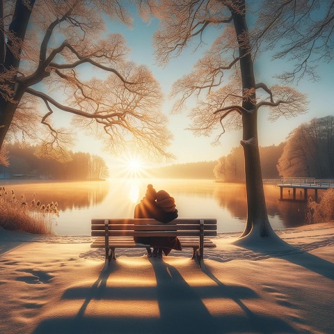 ilustratie generata AI, parteneri de cuplu care stau imbratisati pe o banca in fata unui lac admirand peisajul de iarna scaldat in razele soarelui