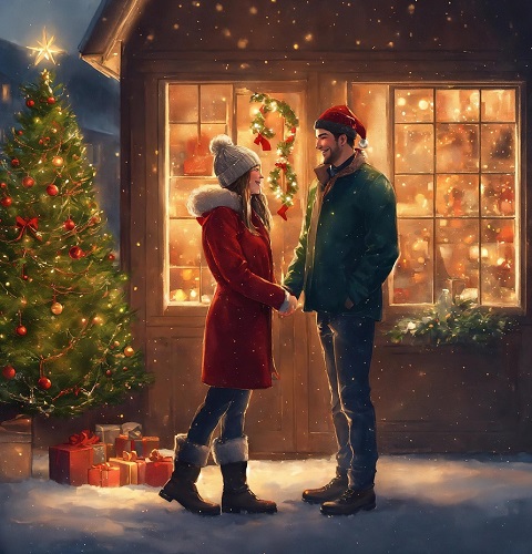 ilustratie generata AI, cuplu tanar tinandu-se de mana,stand in fata unei case decorate de sarbatoare, cu brad impodobit, partenera imbracata in haina rosie cu guler de blana alba si purtand pe cap fes si partener cu fes verde cu roșu, imbracat cu geaca verde și blugi