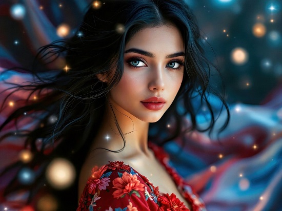 ilustratie generata AI, femeie tanara, frumoasa, cu parul lung, negru, imbracata in tinuta roșie, inflorata si fiind inconjurata de luminite aurii