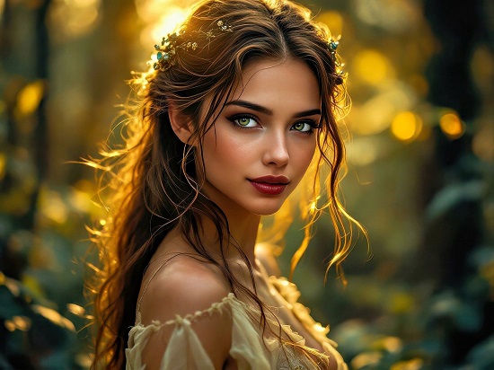 ilustratie generata AI, femeie-elf intr-o padure scaldata in razele soarelui, avand pe cap o coronita de flori marunte si purtand o rochie sau o bluza crem, cu umerii dezgoliti