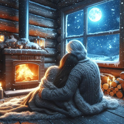 ilustratie generata AI, parteneri de cuplu imbratisați, intr-o cabana, care stau pe jos, imbracati in pulovere gri, inveliti cu o patura, si se bucura de focul din semineu in timp ce afara ninge