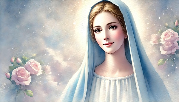 ilustratie generată AI, reprezentare Fecioara Maria, femeie tanara, frumoasa,zambitoare,cu parul strans, purtand pe cap val bleu, fiind imbracata in rochie alba si inconjurata de cer senin si de trandafiri roz