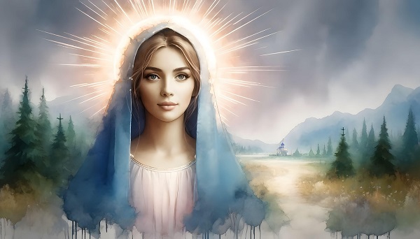 ilustratie generata AI, reprezentare Fecioara Maria sub forma unei tinere frumoase, cu marama albastra pe cap, cu aură aurie in jurul capului, care se afla intr-un colt de natura cu brazi si cu munti