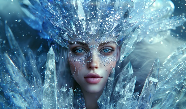 ilustratie generata AI, femeie tanara, frumoasa,cu sclipici argintiu pe fata, cu ochi albastri, purtand pe cap un ornament bogat din cristale de gheata si fiind inconjurata de cristale de acest tip