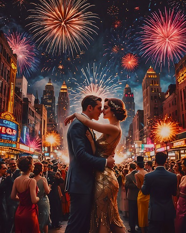 ilustratie generata AI, cuplu imbratisandu-se sub focurile de artificii de Anul Nou pe un bulevard cu reclame luminoase, plin de oameni si inconjurat de zgarie-nori partenera imbracata in rochie festiva aurie si partener imbracat intr-un costum bleumarin