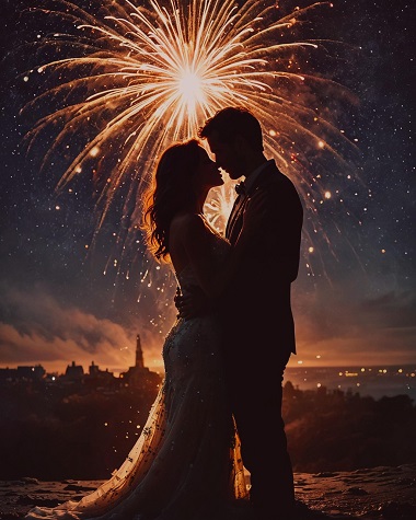 ilustratie generata AI, cuplu tanar format din parteneri imbracati festiv, imbratisandu-se sub focurile aurii de artificii de Anul Nou intr-un loc aflat la inaltime, de unde se vede privelistea unui oras