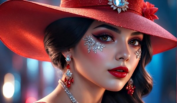 ilustratie generata AI, femeie tanara frumoasa, cu ruj rosu si cu autocolante strasuri lipite pe fata, purtand cerce lungi, cu pietre rosii si palarie rosie, cu ornament floare din pietre albe, transparente