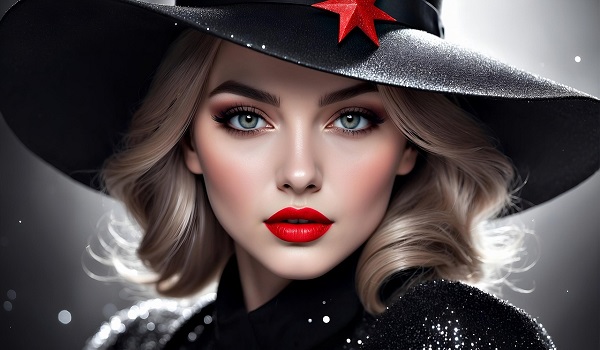 ilustratie generata AI, femeie tanara, frumoasa, blonda, cu ruj rosu, imbracata in tinuta neagra, stralucitoare si purtand pe cap palarie neagra accesorizata cu o stea rosie