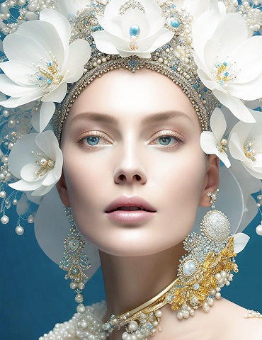ilustratie generata AI, femeie frumoasa, purtand cercei opulenti cu argintiu si cu auriu si pe cap un ornament facut din flori artificiale albe, cu perle si cu pietre pretioase sau semipretioase