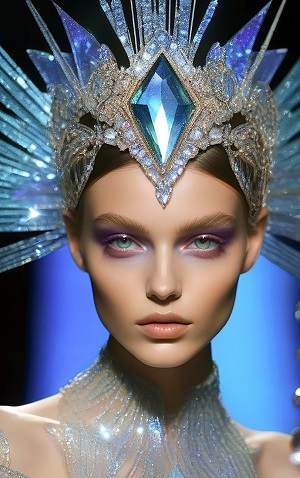 ilustratie generata AI, femeie tanara, frumoasa, cu privire patrunzatoare, purtand la gat un ornament din pietre pretioase sau semipretioase bleu si pe cap un ornament opulent din pietre albastre