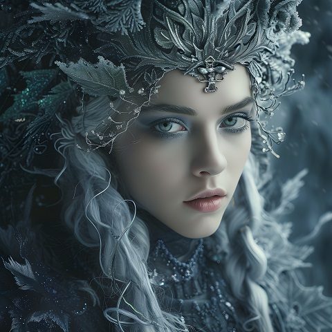 ilustratie generata AI, femeie tanara, frumoasa, cu machiaj bleu-gri la ochi, imbracata in gri stralucitor, avand pe cap un ornament bogat din frunze, crengute de brad si un accesoriu argintiu