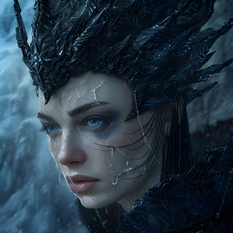 ilustratie generata AI, femeie tanara frumoasa, machiată cu cenusiu in zona ochilor, avand pe fata siroaie de apă inghetata, imbracata in negru si avand pe cap un ornament negru, facut din turturi sau pene