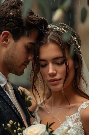 ilustratie generata AI, cuplu tanar, mire si mireasa udati de o burnita marunta, mireasa cu rochie decoltata si tinand trandafiri in mana stand cu ochii inchisi in timp ce mirele, imbracat cu sacou negru si purtand cravata roz pal isi sprijina fruntea de mireasa lui, tinandu-si ochii inchisi