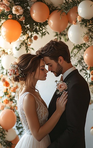 ilustratie generata AI, cuplu tanar, mire si mireasa, intr-o ipostaza romantica la petrecerea de nunta intr-un decor cu flori si baloane,mireasa cu flori in par tinand ochii inchisi si sprijinindu-si fruntea de cea a mirelui, imbracat in costum negru si camasa neagra