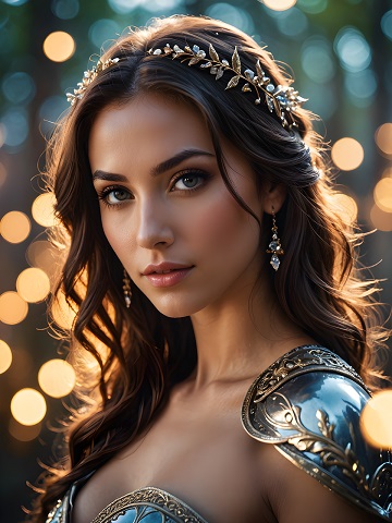 ilustratie generata AI, femeie tanara, frumoasa, avand pe cap o diadema aurie cu frunze, cercei lungi aurii cu piatra alba, purtand corset de armura argintie cu ornamente aurii si fiind inconjurata de lumini aurii
