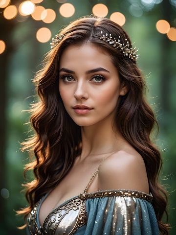 ilustratie generata AI, femeie tanara, frumoasa, purtand pe cap o diadema aurie delicata cu ornament din frunze si o rochie albastra lucioasa, decoltata, cu bretele fine aurii, cu ornament auriu pe piept si cu sclipici auriu, avand deasupra capului luminite aurii