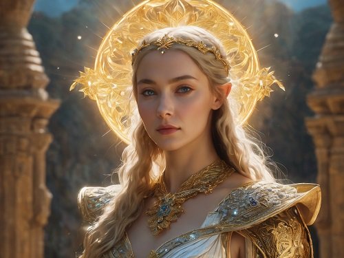 ilustratie generata AI, femeie blonda, cu o aura metalica in jurul capului, avand pe cap diadema aurie, la gat un colier opulent auriu, rochie alba cu ornamente aurii si aflandu-se intr-un cadru mitologic langa un templu