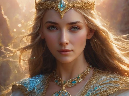 ilustratie generata AI, printesa blonda, avand pe cap o coroana aurie cu piatra pretioase bleu-verde, imbracata intr-o tinuta cu ornamente aurii si avand la gat un colier opulent cu auriu si pietre pretioase asortate cu cele de la coroana