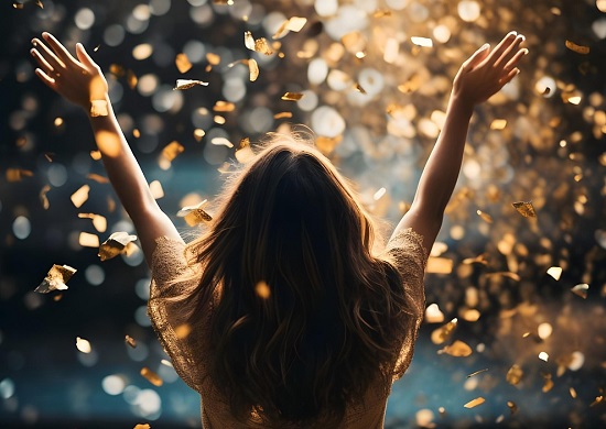 ilustratie generata AI, femeie cu parul lung, imbracata in rochie crem cu maneca scurta, care tine bratele ridicate in timp ce deasupra ei cad confetti aurii