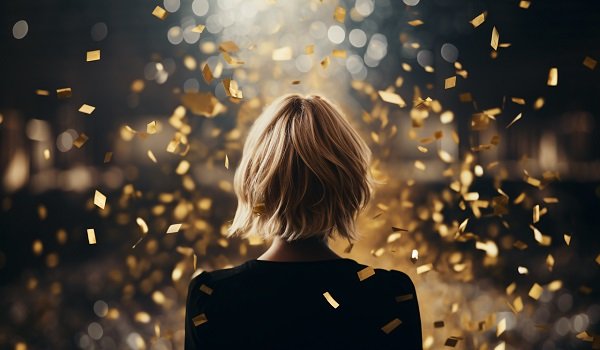 ilustratie generata AI, femeie blonda imbracata in negru, care sta cu spatele intr-un cadru intunecat, in timp ce deasupra ei ninge cu confetti aurii