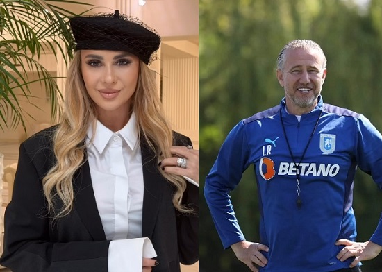 colaj imagini, Anamaria Prodan purtand pe cap o basca neagra cu ornament de aceeasi culoare, fiind imbracata cu sacou negru si camasa alba cu maneca lunga, stand langa o planta exotica si Laurentiu Reghecampf imbracat in trening albastru cu inscriptia Betano, stand cu mainile pe solduri in aer liber 